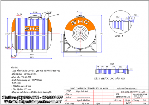 Thông số kĩ thuật bồn nước inox SHC 1500 Ngang