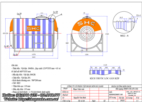 Thông số kĩ thuật bồn nước inox SHC 2000 Ngang