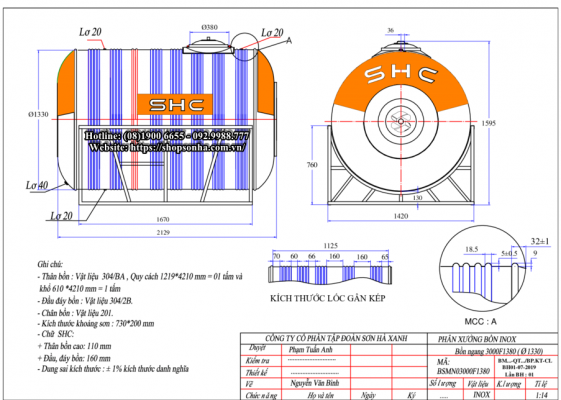 Thông số kĩ thuật bồn nước inox SHC 3000 Ngang
